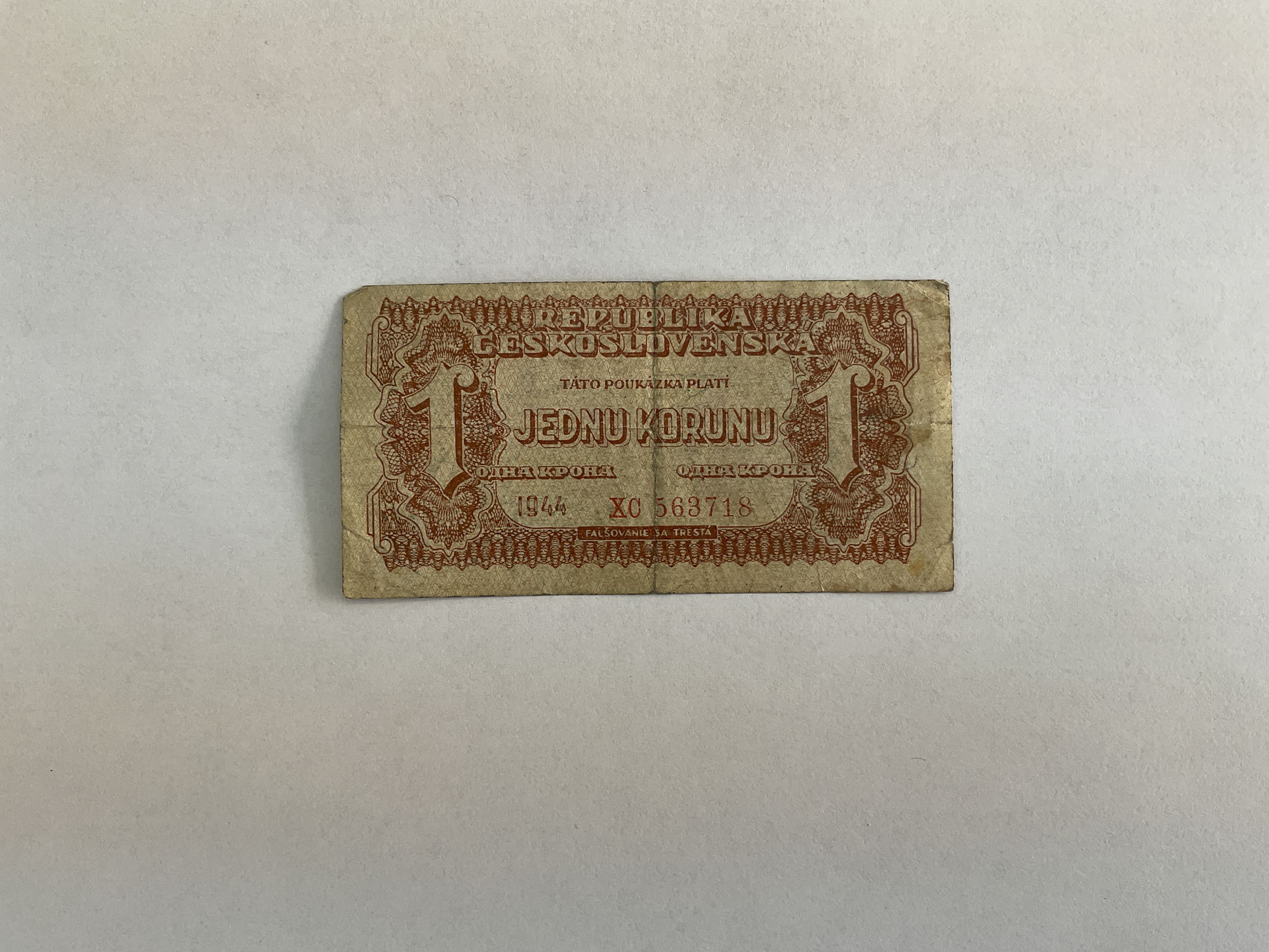 Poukázka - 1 koruna Československá 1944